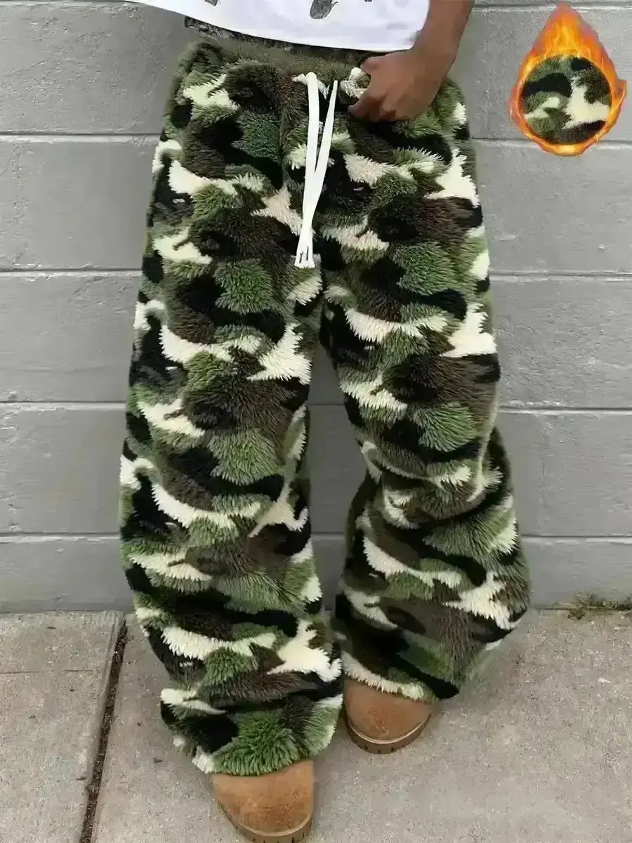 2026 Unisex Leopard Camo Fleece Wide Leg Pants, Soft Rabbit Fur Fabric, Fall & Winter Warm Comfort, Street Hip Hop Style, Women Pants Jeans High Waist Comfy Stretchy Daily Weekend Travel Casual