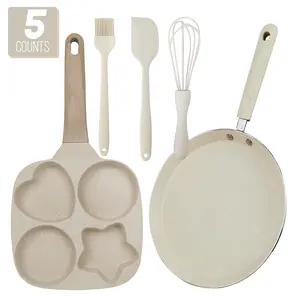 ABKOK 5 Counts Kitchen Pots Pans Set,  Pans Set Breakfast Non Stick Frying Pan, All Stoves Available, Easy Clean, for Home Cooking, Quick Breakfast, Beige White Cookware