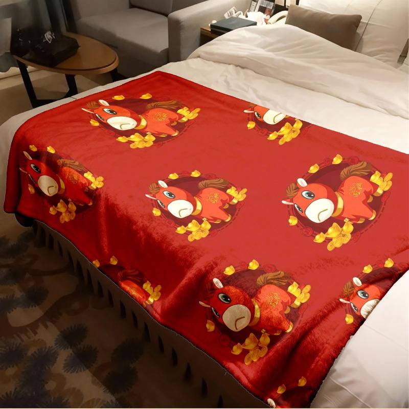 Cute Bitter Horse Theme Flannel Blanket, Large Size, Soft Lightweight Warm, Perfect for Bed Sofa Office Camping Travel Gift