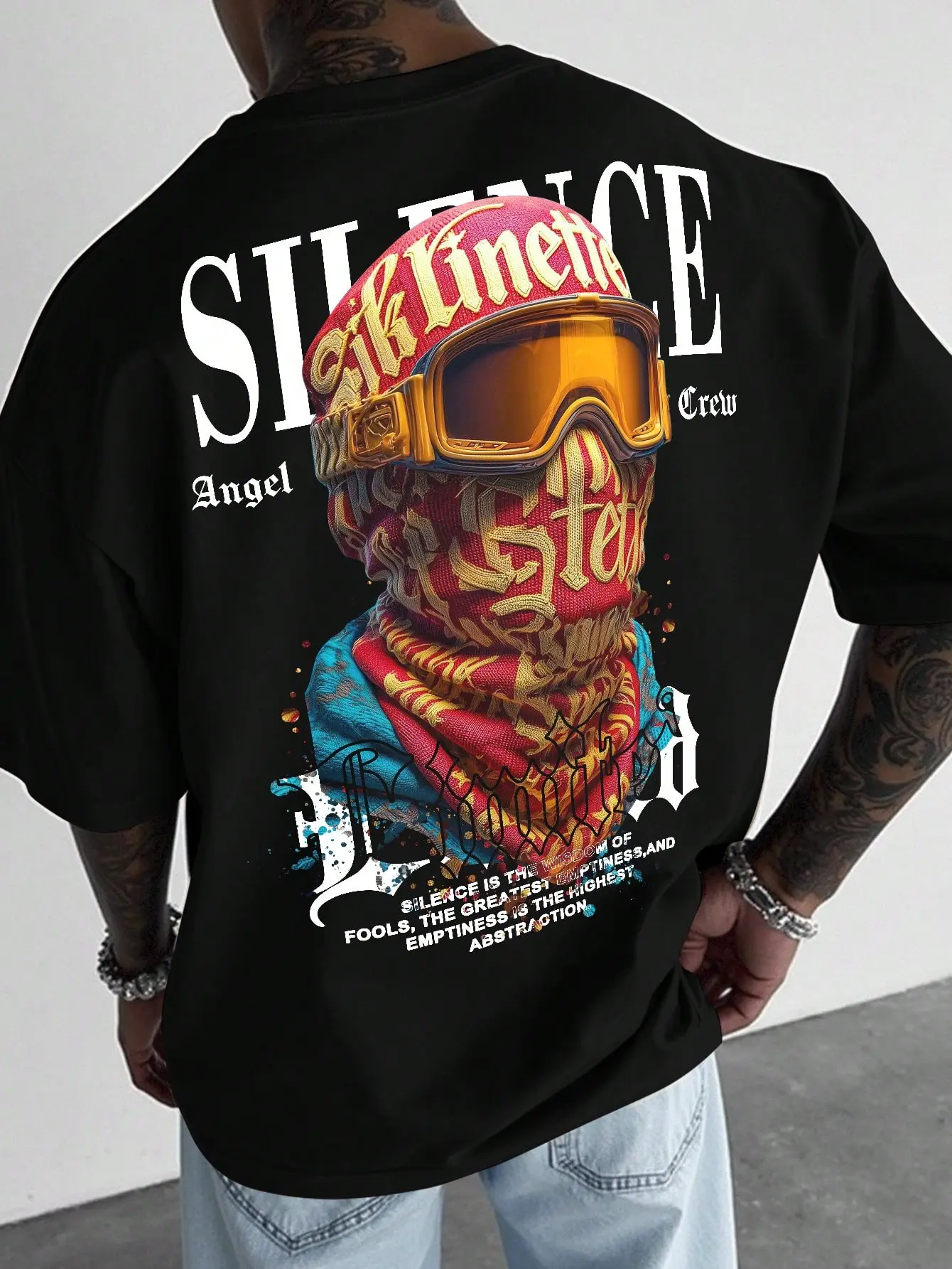 Men’s plus-size cotton short-sleeve T-shirt, vintage ski mask back print graphic tee,