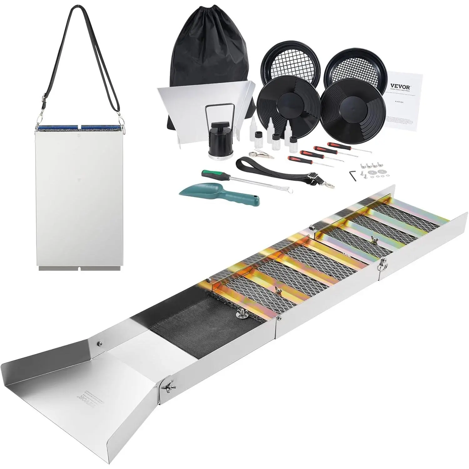 VEVOR Complete Sluice Box Gold Panning Kit, 50" Folding Aluminum Alloy Gold Mining Equipment, 23 PCS Gold Prospecting Kit with Gold Pan, Classifier Screen, Separating Magnet, Backpack and More
