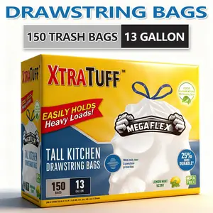 150 Bags 13 Gallon Boxed Disposable Non Tear Garbage Bag Puncture Tear Resistant Trash Bags, ODOR ELIMINATORTECHNOLOGY Kitchen Drawstring Garbage Bags Fresh Clean Scent With Lemon Mint Scent, 150 Count Easy To Usedrawstrings More Durable