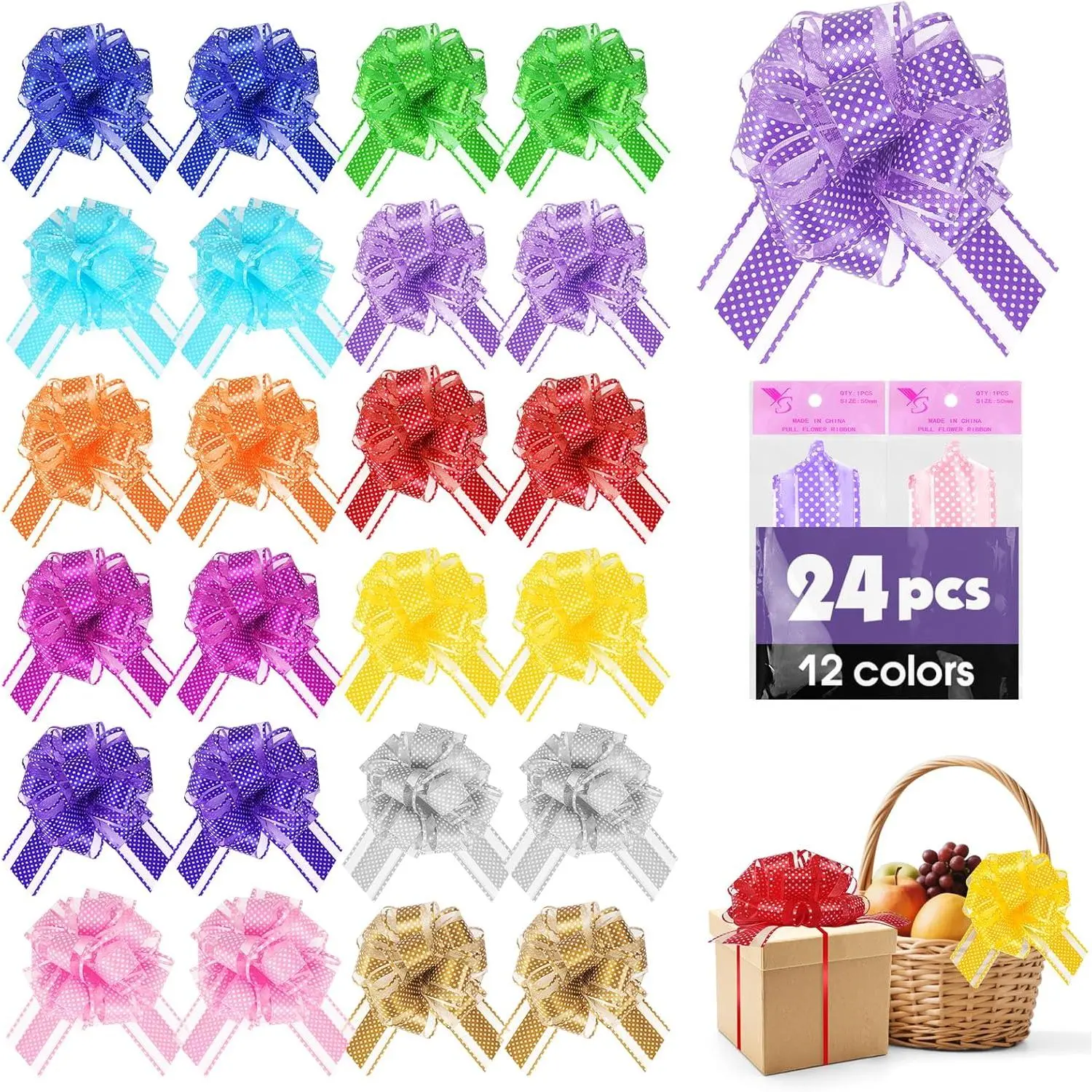 24 count Large Pull Bows for  Wrapping,12 Colors 6 Inch Pull Bows for Present Wrapping  Baskets Flower Bouquets, Pull Ribbon  Bows for Party, Christmas, Valentine's Day, Wedding, Birthday.