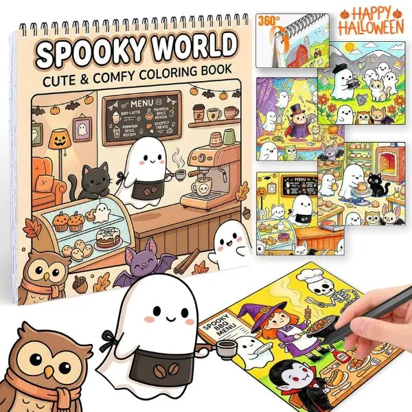 Spooky Halloween Coloring Book for Adults & Teens, Spiral Bound Bold & Easy Coloring Pages, Stress Relief, Cute Ghosts, Perfect Halloween Gift