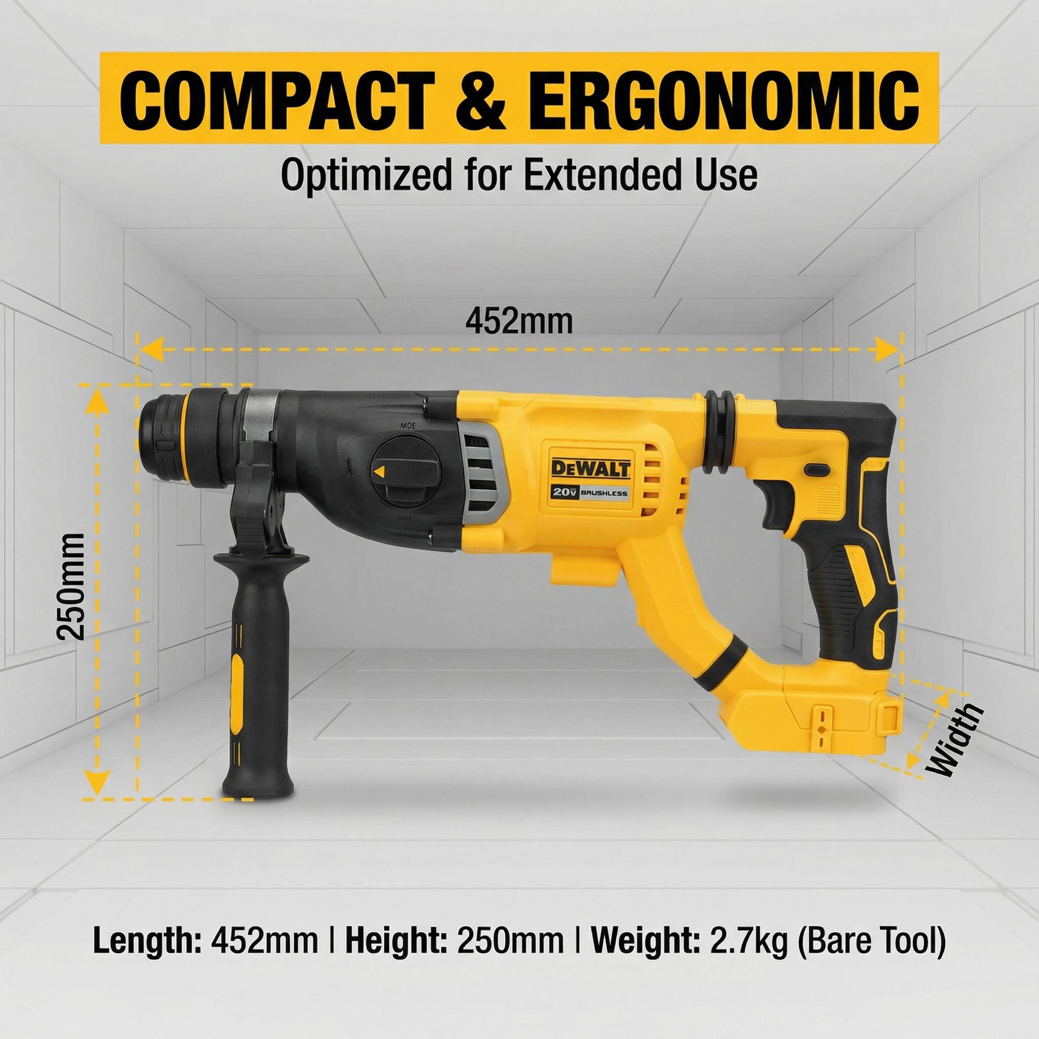 DeWalt DCH263 20V Brushless Rotary Hammer Drill for Concrete and Masonry with 3.0J Impact Power Household Cordless Tool Set Pack Battery Replacement Lithium M18 Wrench High
