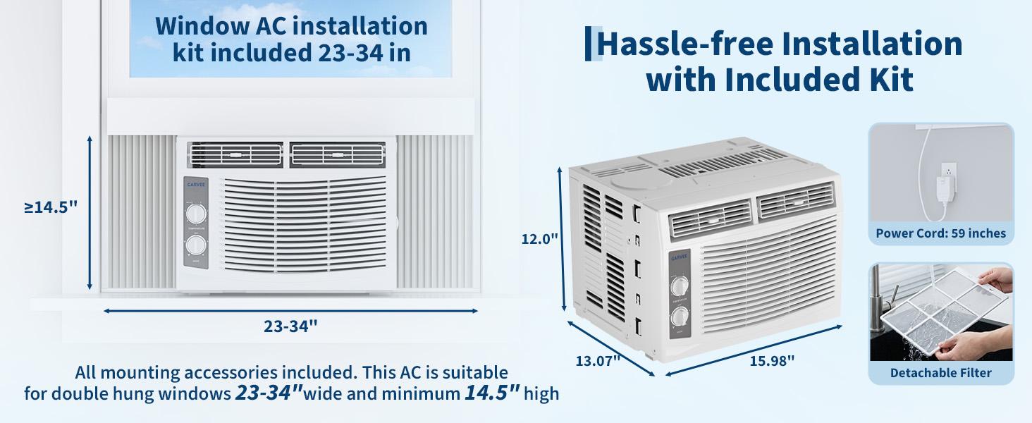5000BTU Window Air Conditioner, Window AC Unit , Timer Function & Easy Install Kit, for Rooms Up to 350 Square Feet, 115V/60Hz