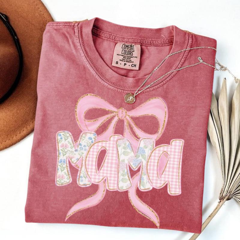 Comfort Colors Floral Mama Shirt, Spring Tee, Trendy Mom T-Shirt, Women's Flower Mama Shirt, Pregnancy Reveal Gift, Blue Pink Bow Shirt for Mom