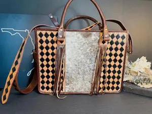 Checkmate Collection Women's Work-Ready Cowhide & Brown Checkered Full-Grain Leather Tote with Durable Straps Western-Chic & Lightweight