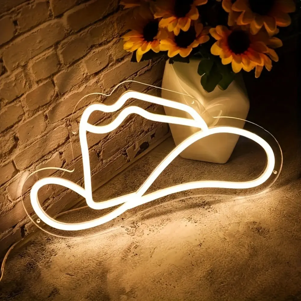 Cowboy Hat LED Neon Light Sign - Warm White, 5V DC Power Supply, USB Charging, Switch Included, Adjustable Brightness, Plastic Wall-Mount, Indoor Use LED Lights Bedroom Decor for Bar Concert