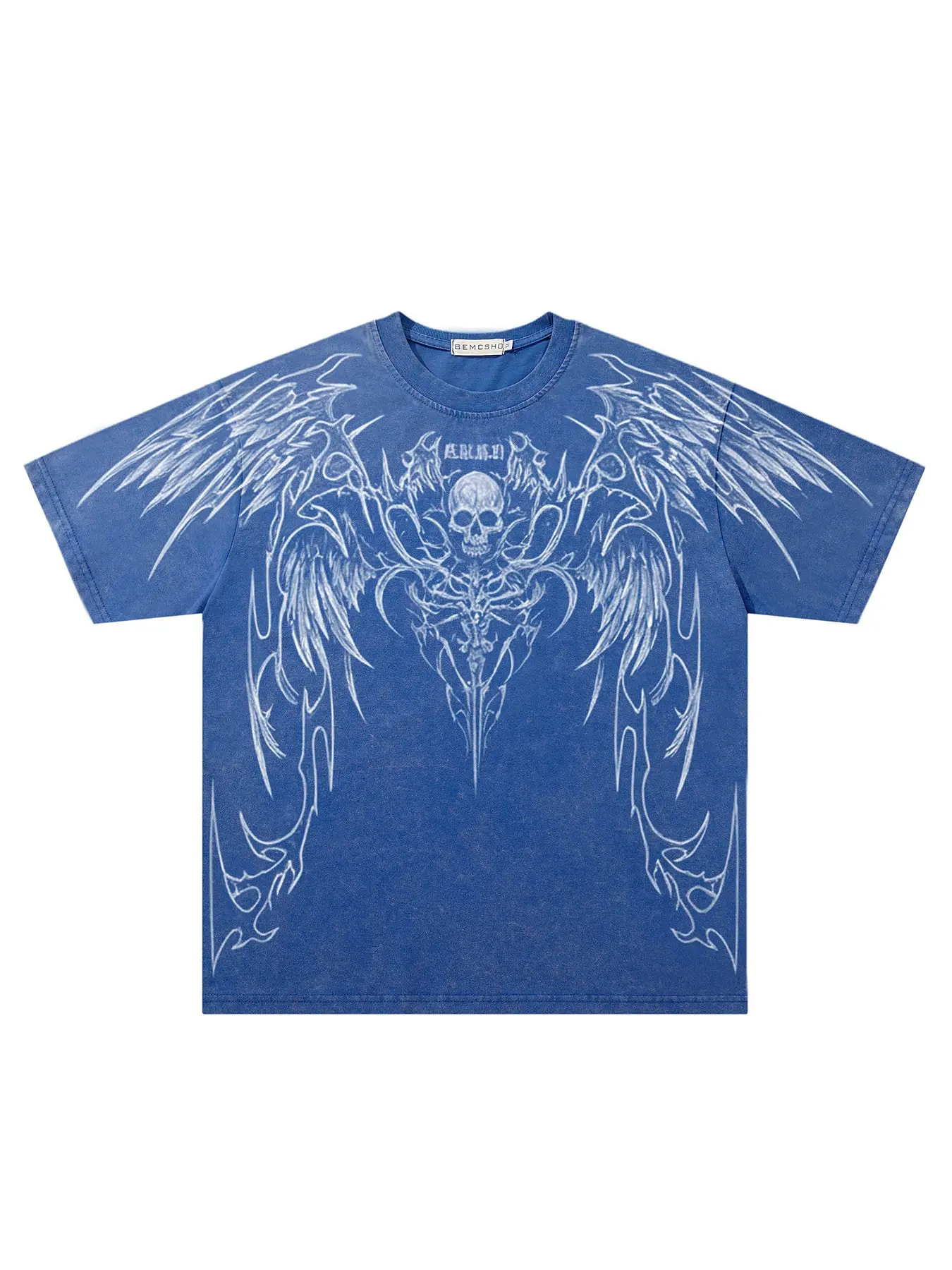 American Vintage Gothic Style Streetwear Heavy Wash Tie-Dye Thorn and Skull Wings Double-Sided Graphic Print T-Shirt, Men's Summer Fashion Casual Short Sleeve Top