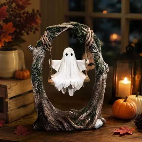 Resin Swinging Ghost Ornament - Animated Tree Swing Figurine, Weatherproof, Water-Resistant, Fade-Resistant Decorative Fun Playful Statue for Indoor Desk, Outdoor Garden All Seasons Halloween Decor