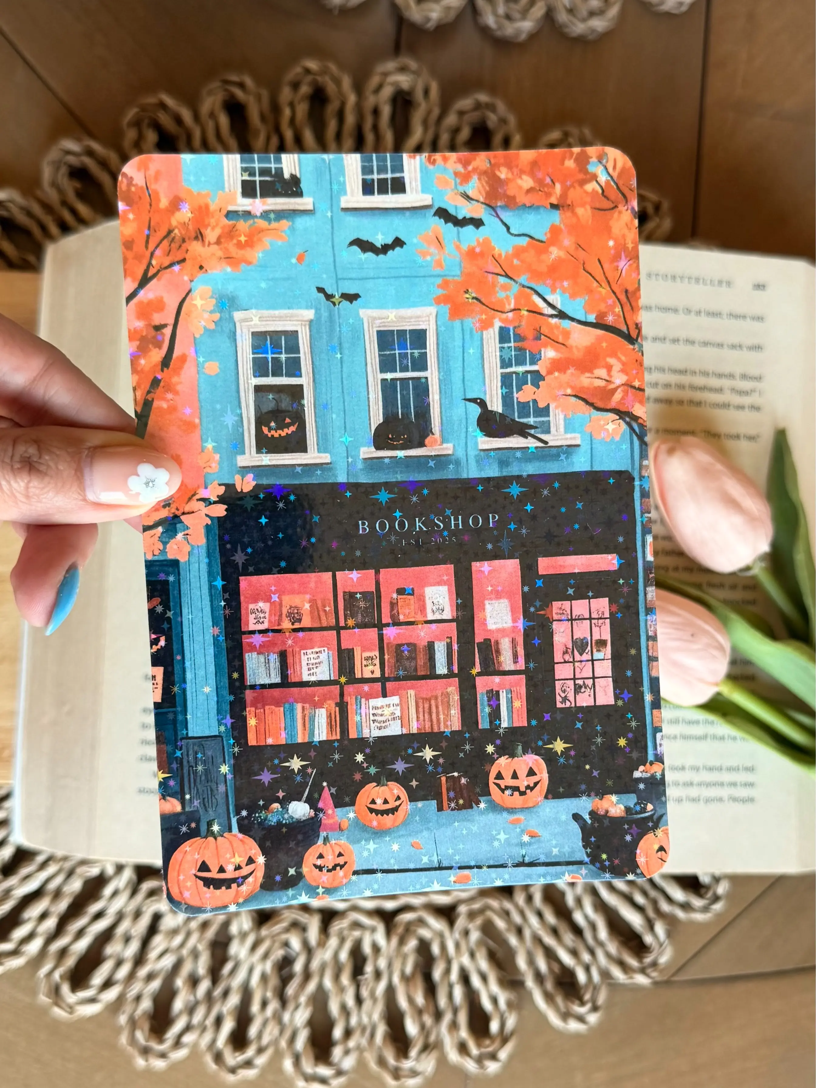 Blue Halloween Bookshop Kindle Insert Laminated Cardstock for Kindle Case, Holiday Holographic Kindle Paperwhite Insert