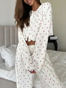 2 Piece Women's Casual Everyday Style Sweet Floral Print Soft Long Sleeve Top and Pants Set for Autumn and Winter, Fitted All Seasons Comfortable