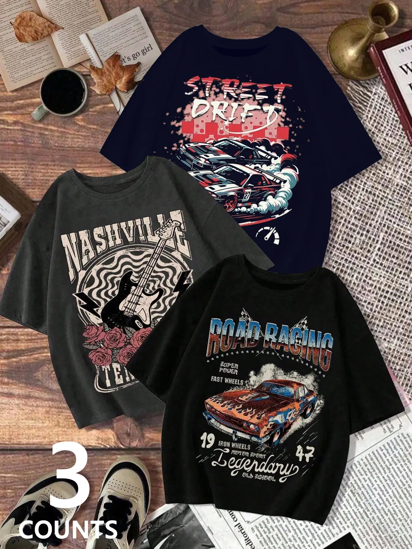 Unisex Racing Graphic Print Loose Round Neck Short Sleeve T-Shirt 3 Pack, Streetwear Street Fashion Daily Wear, Y2K Sports Tee, Casual Trendy Youth Style