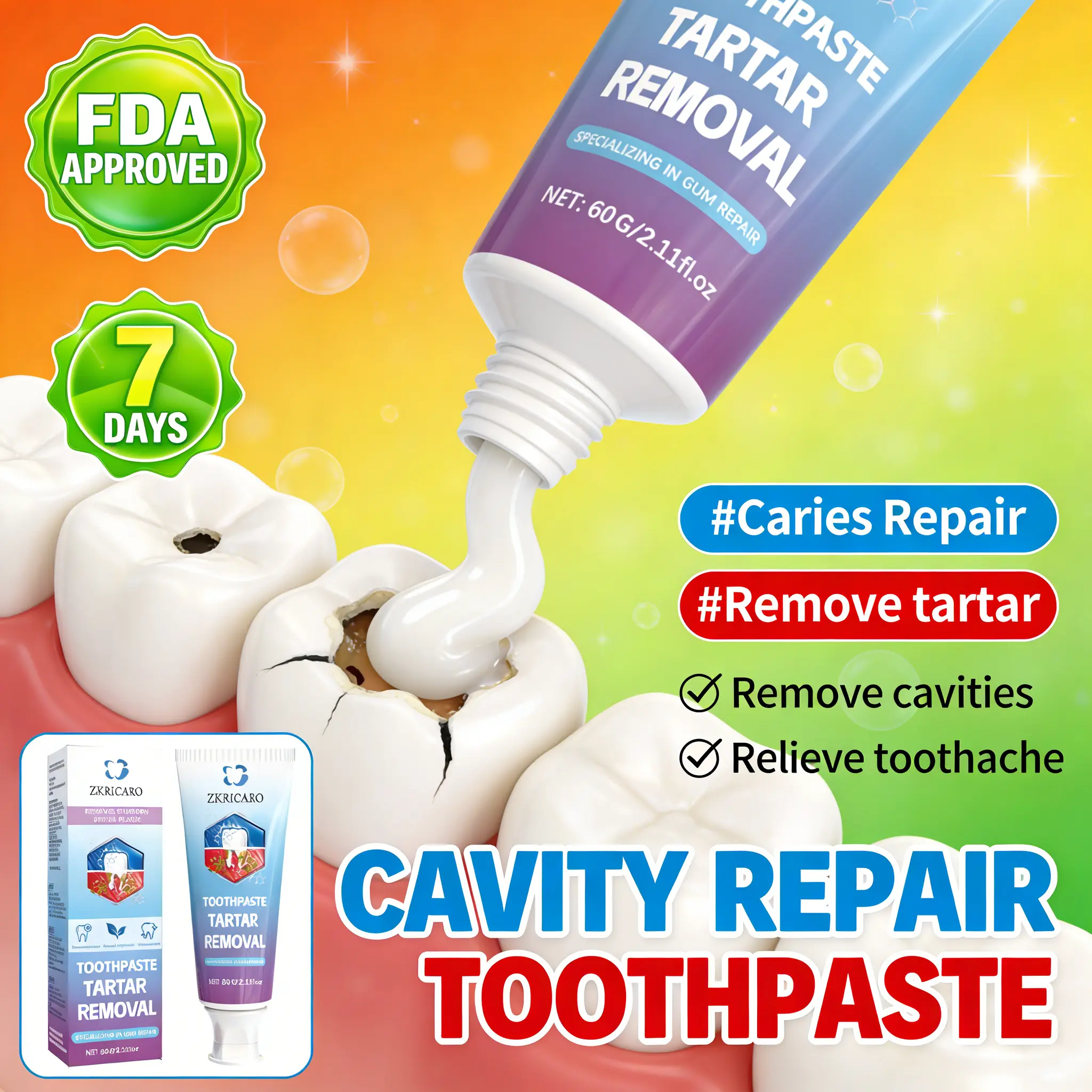 ZKRICARO Anti-Cavity Repair Toothpaste: Repairs cavities, removes plaque and tartar, cleans the mouth, and whitens teeth.