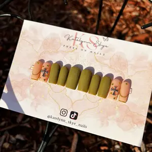 Gel Nail Polish  Olive green cross and gem hand painted press on nails