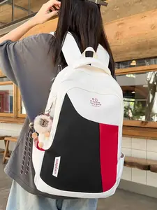 2025 New Style Fashionable Preppy Style Backpack for Junior Senior High School Students, Large Capacity, Versatile, with Laptop Compartment, Color-Block, Casual Minimalist, Unisex, with Small Pendant