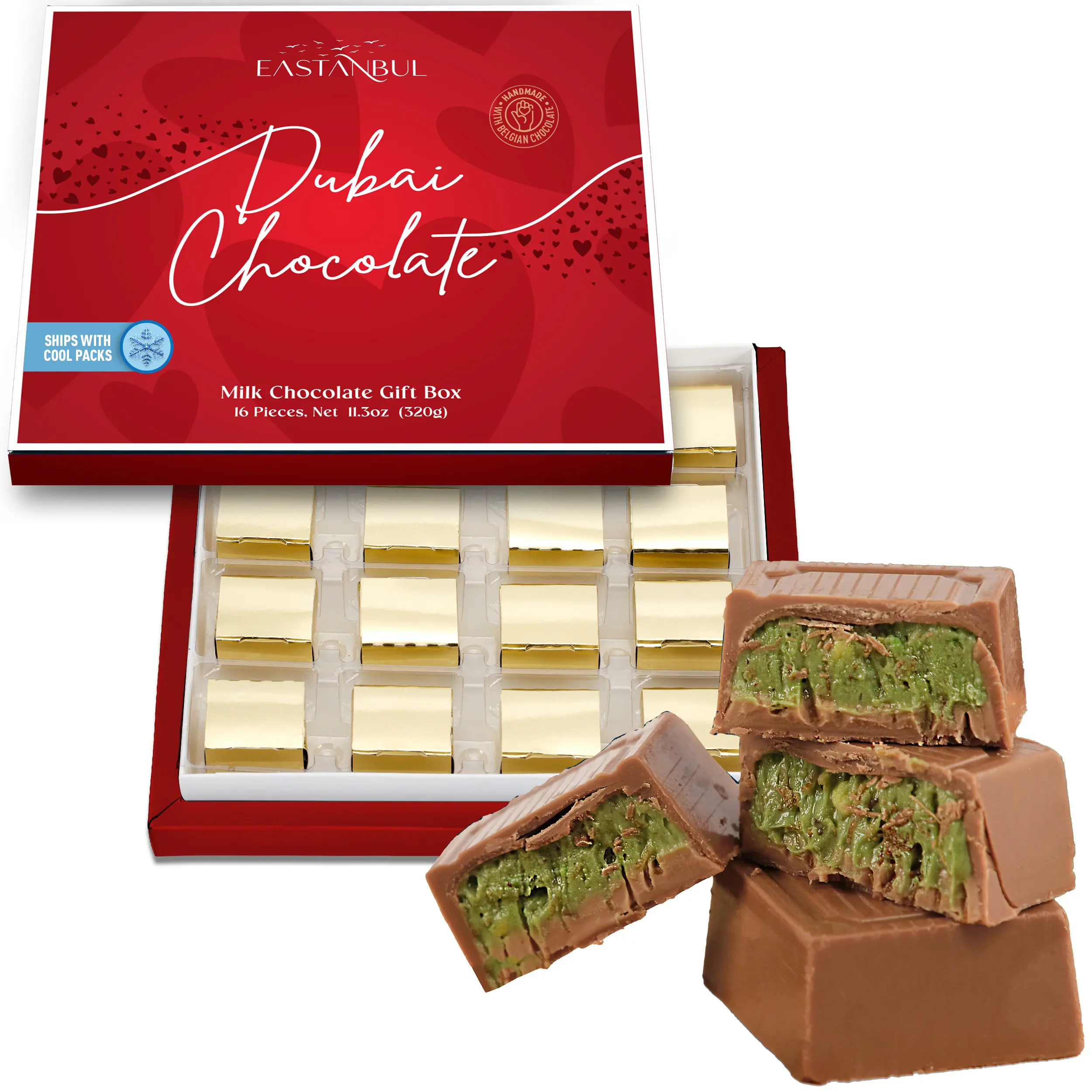 Eastanbul Dubai Chocolate Gift Box, 16 Pieces Milk Chocolate with Pistachio Filling, 11.3oz Premium Assorted Chocolates | Ice Pack Included