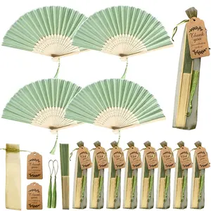 Gift for Her/Him 20Pcs Set: Fabric Handheld Folding Fans with Thank You Cards and Tassels, Includes Gift Bags. Green Wedding Hand Fans, Party Favors, Green Folding Handheld Fans, Foldable Makeup Fans, Bulk. DIY Bamboo Fans. Suitable for Bridal Decor