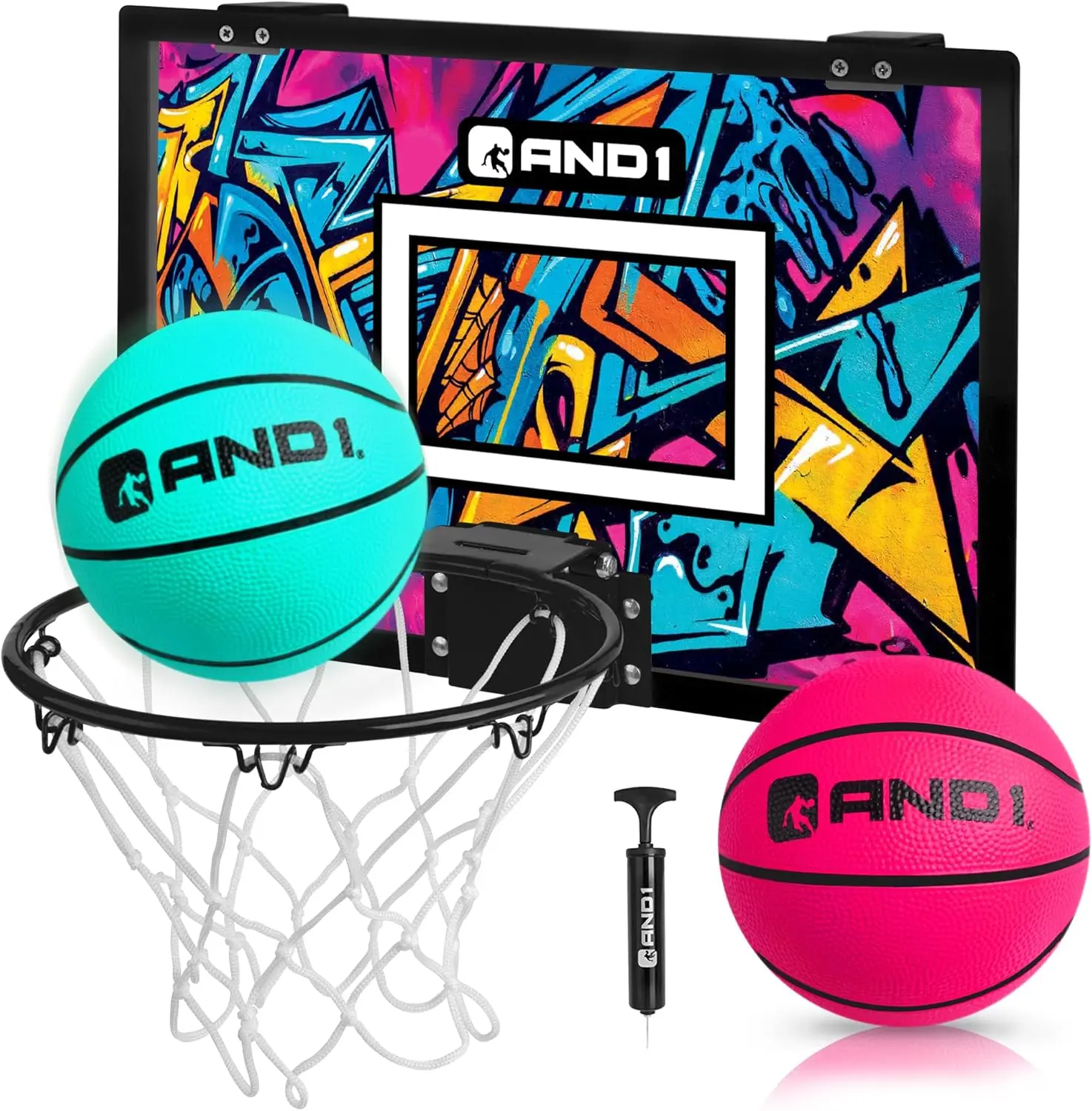 AND1 Over the Door Mini Basketball Hoop Set, 18x12 Shatterproof Backboard with Spring-Loaded Steel Rim, Indoor Game for Kids & Adults, Includes 2 Balls & Pump, Ball Sports Equipment