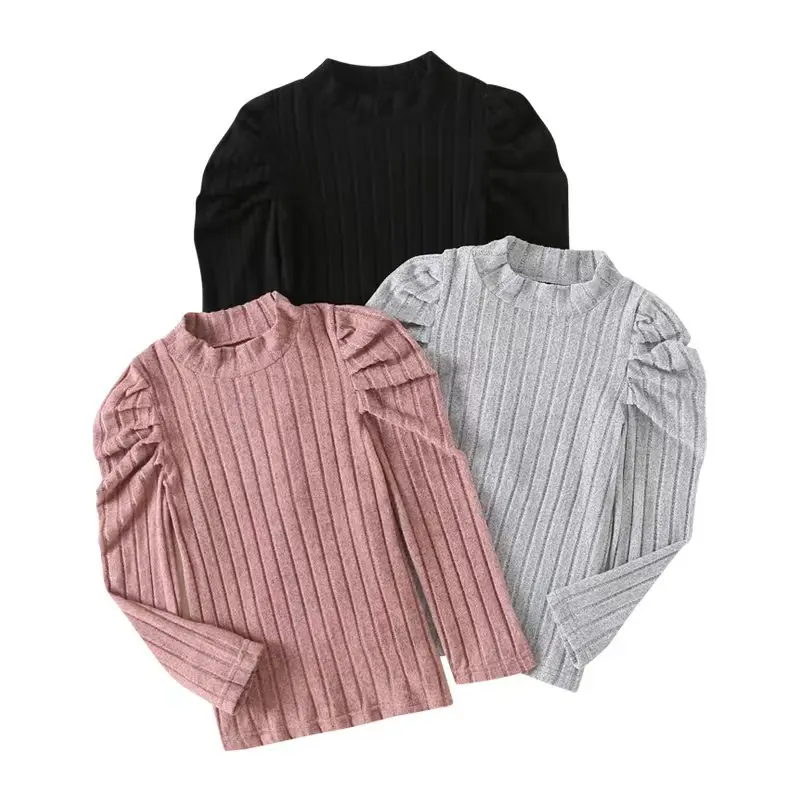 3-piece girls' Spring and Autumn Long Sleeve High Collar Ribbed Knitted T-shirt 3-12 years old children's solid color blouse casual suit Tops Vintage Girly Clothes Ribbed Set Round Neck Set