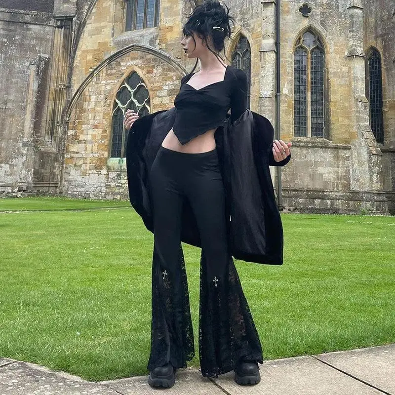 Women's | Gothic Y2K | Flared Pants | Lace Patchwork | Sexy Elegant Style | Plus Size | Curvy Friendly | Party Outfit | Halloween Must Have | TikTok Viral Fashion