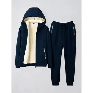 Men's 2-Piece Warm Tracksuit (Zip-Up Hoodie & Joggers) - Sherpa Lining, Side Letter Print, Casual Wear