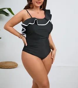 Eomenie Plus Size Swimsuit One Piece Swimwear One-shoulder Ruffe Color Block Tummy Control Women's Swimwear Outdoorfun