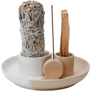 4 in 1 Incense Holder Ceramic Incense Stick and Palo Santo Holder Sage Holder for Burning 5.5" Ceramic Ash Catcher Tray for Meditation and Yoga Room (White Sand)