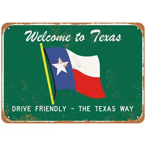 Rustic Vintage Texas Welcome Sign - Distressed Metal Tin Plaque with Retro Aesthetic - Pre-Drilled for Easy Hanging, 8x12 Inches, Perfect Wall Decor for Home, Bar, Pub, Kitchen, Garage, Restaurant, Adding a Touch of Classic Charm
