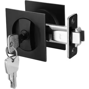 Pocket Door Lock Square Privacy Door Lock Hardware for Sliding Bifold Pocket Doors, Replacement Locks Pulls Handles, Matte Black Entry Lock with Key