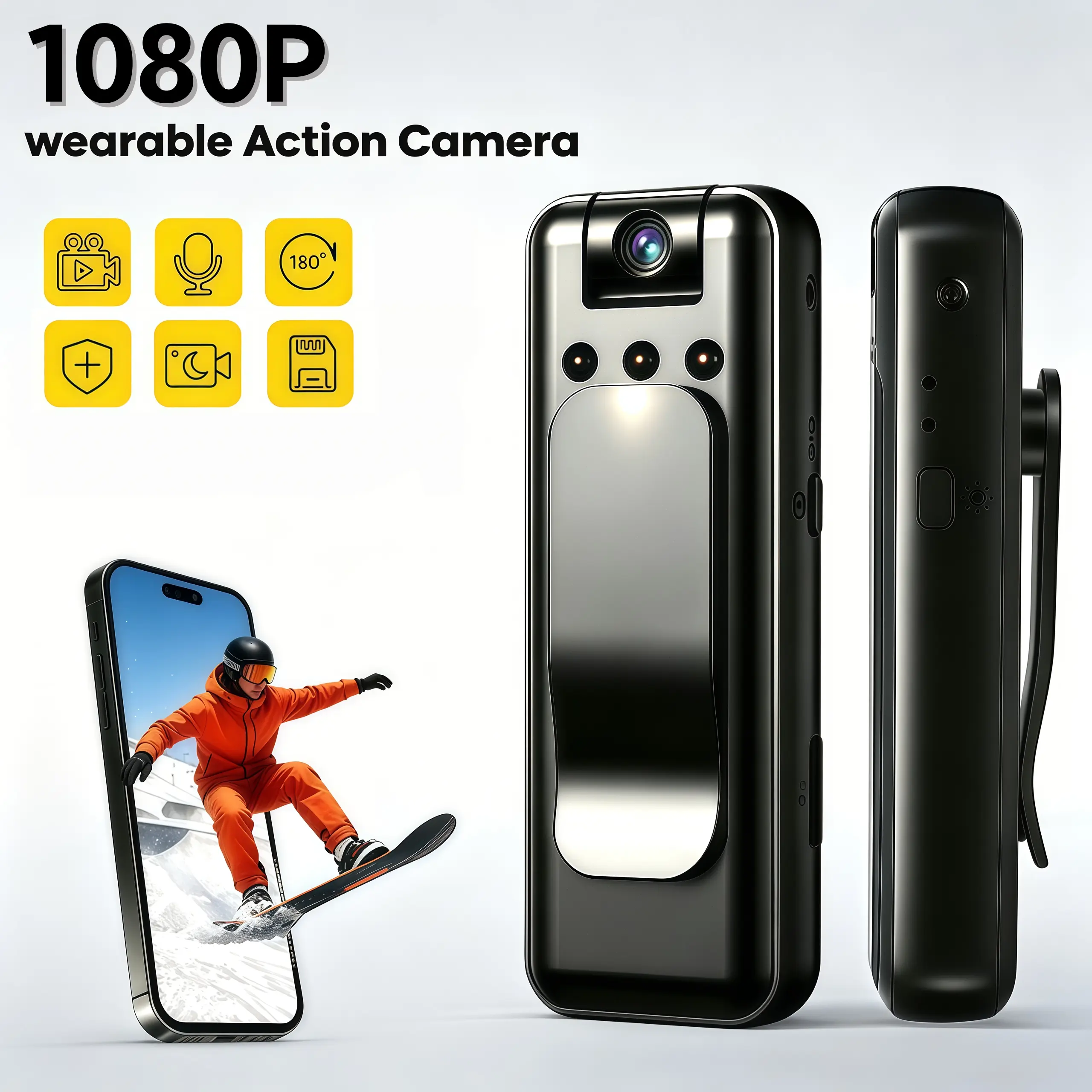 1080P Clip-On Body Camera - 2.4G WiFi, 180° Rotatable Lens, Night Vision, Motion Activation, Loop Recording, Auto File Save, Power Failure Protection, Audio Recording, Micro SD Card & Cloud Storage, Wearable Recorder for Patrol, Camping, Portable, Lightwe