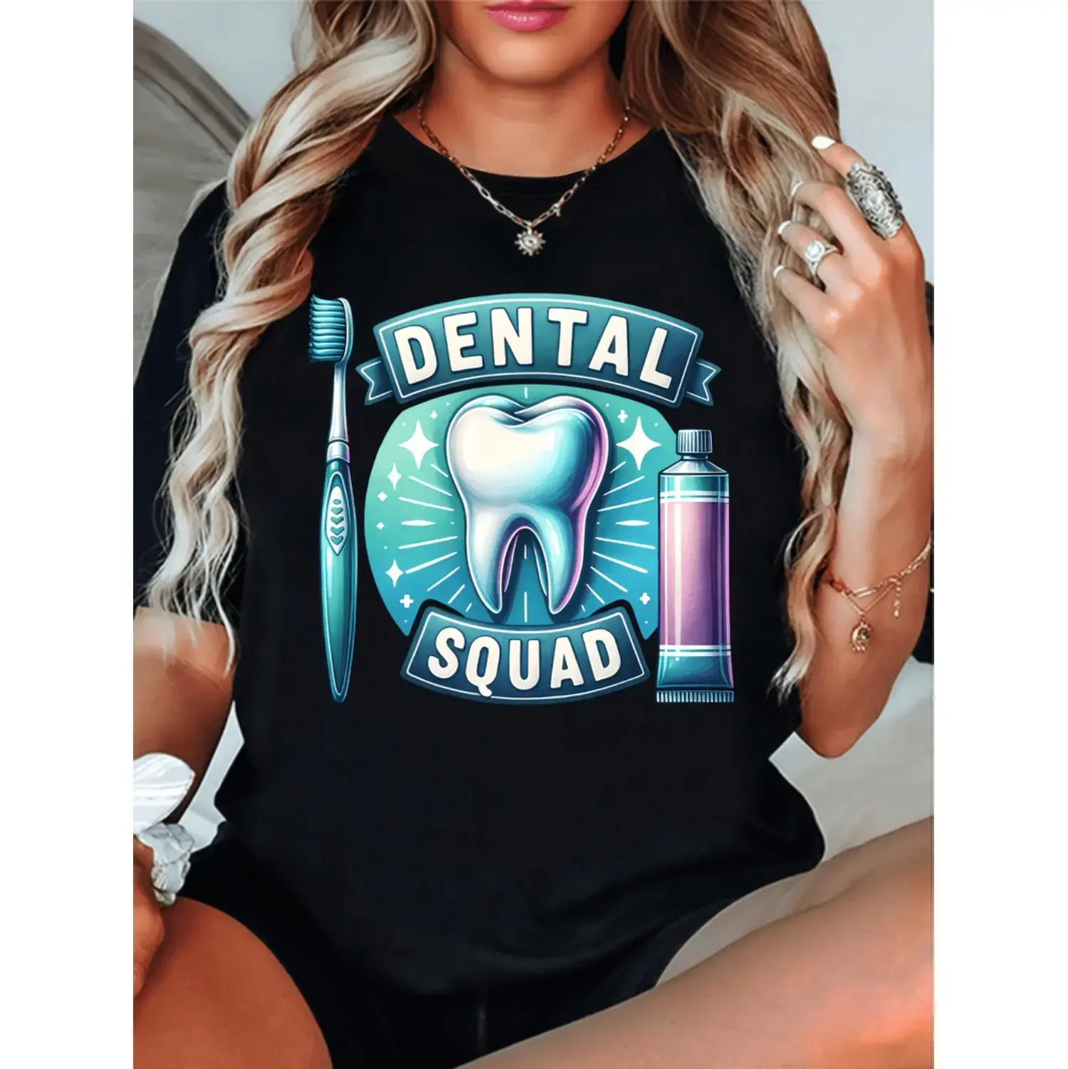 Black Streetwear Graphic T-Shirt with Hilarious Dental Humor Teeth Design, Shortsleeve Print-on-Demand Top for Dentists, Black_1, Tshirt, Teeth Print, Round Neck, Casual, Crew Neck, Custom-Made, Fit, Loose, Short Sleeve, Funny, All Seasons