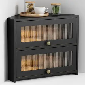 Corner Bread Box for Kitchen Countertop, Double Layer Large 2 Tier Wooden Farmhouse Homemade Bread Storage Container Holder Keeper for Counter Cabinet (Black Bamboo Wood)