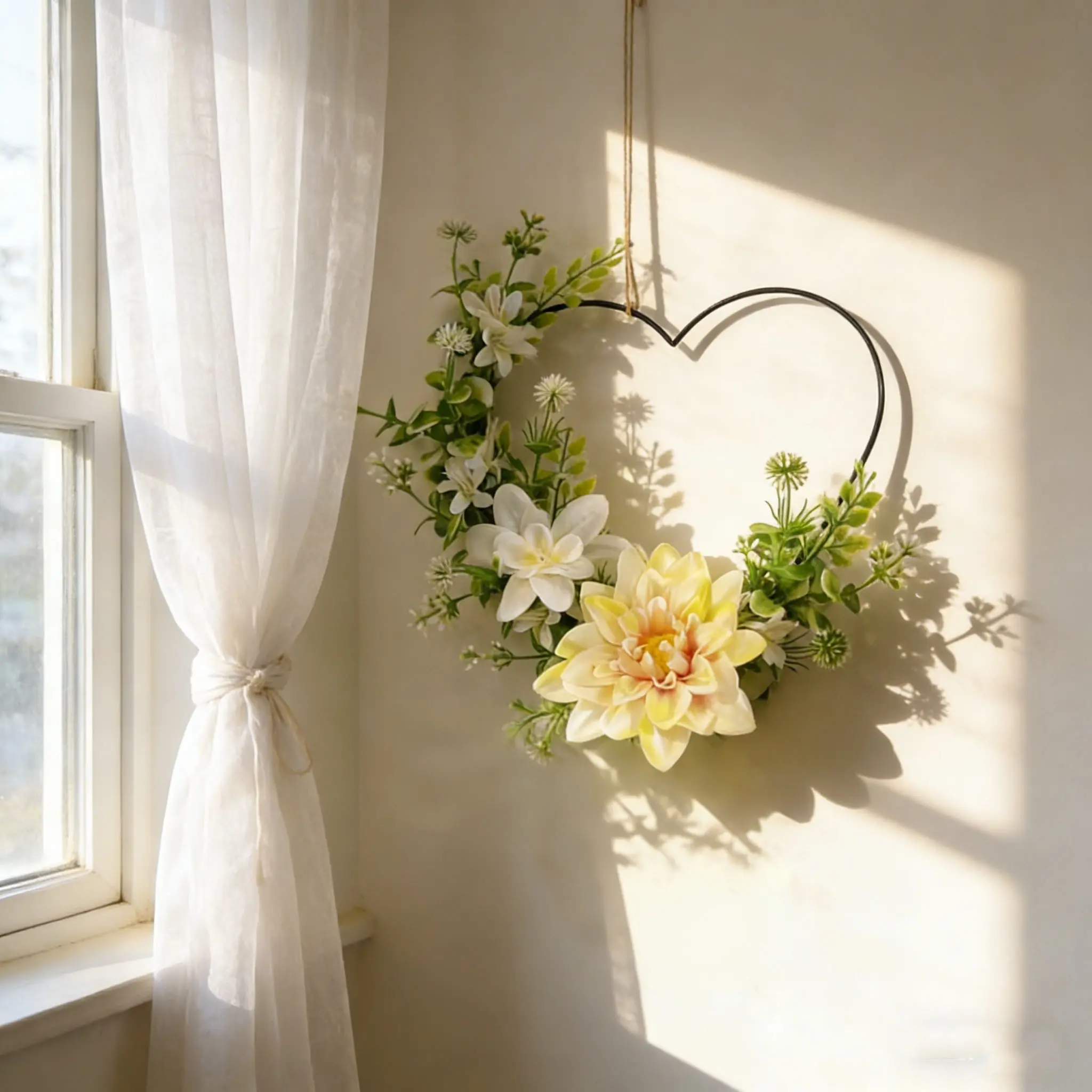 Synthetic Yellow Chrysanthemum Heart-Form Wreath with Eucalyptus and Vintage Bow - Minimalist, Lightweight Wall Hanging Home & Festive Decoration, Ideal Gift for Living Rooms, Gardens