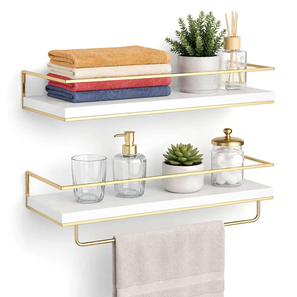2-Pack White Wood Floating Wall Shelves Shelving & Storage with 14-in Gold Towel Bar, Contemporary Wall-Mounted Home Organizer (15.7-in L × 5.7-in D) with Easy Installation for Bathroom, Entryway, Bathroom Fixtures, Decor