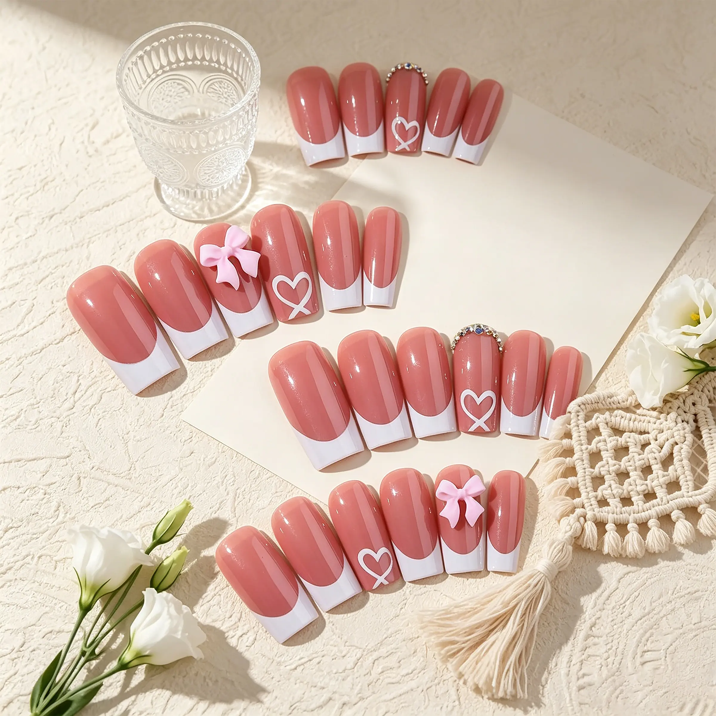 24Pcs Handmade Coquette Press On Nails - 3D Bows, Hearts, French Tip, Effortless Beauty Soap Nails - 2026 Spring Gift for Her, Nail Inspo