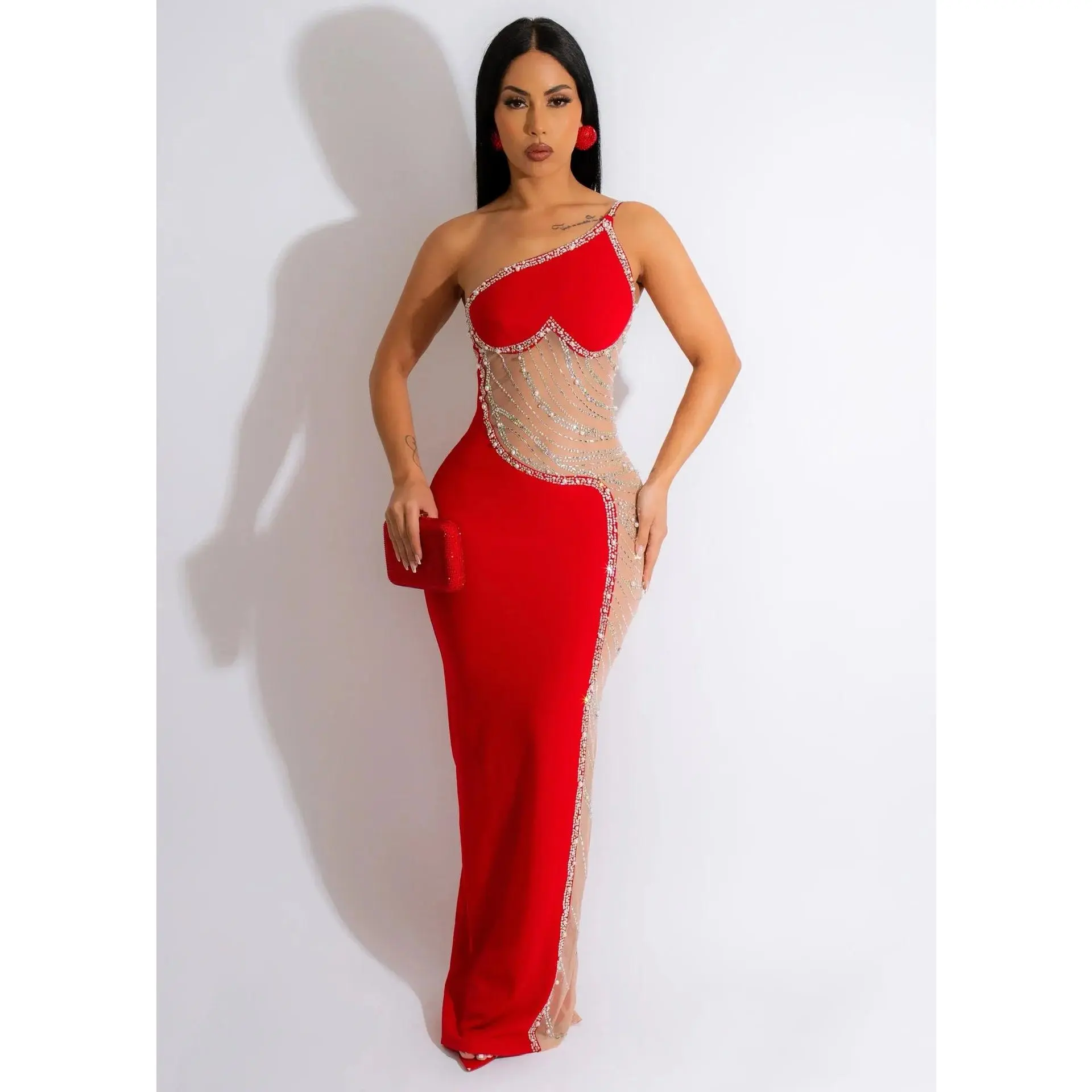 Crystal Chain Illusion Maxi Dress