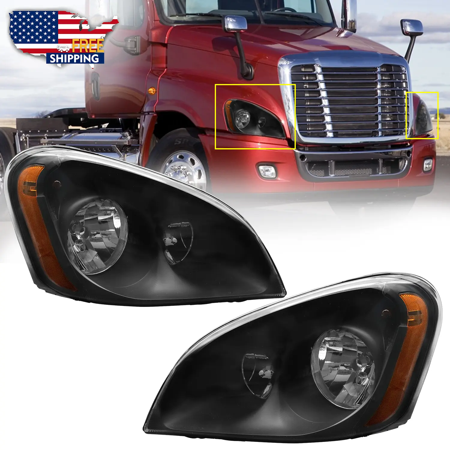 Halogen Headlights Assembly Pair Compatible with 2008-2016 Freightliner Cascadia | DOT & SAE Approved Black Housing Aftermarket Replacement, Driver Left Side & Passenger Right Side Complete Set (A06-51907-006 / A06-51907-007)