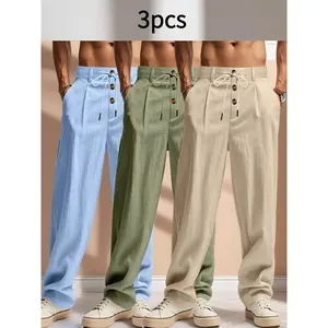 3 pieces of men's breathable linen casual pants - adjustable elastic belt & drawstring design, loose straight-leg style, button closure, beige/white/light blue, suitable for outdoor, beach, vacation and daily wear