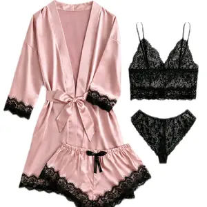 4-piece Satin Lace Lingerie Set - Pink Robe with Black Lace Trim, Black Bra & Panty Set for Women