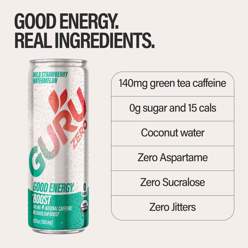 GURU ZERO SUGAR Organic Energy Drinks Variety Pack, Clean Energy Beverage with Plant Based Natural Caffeine from Green Tea, Coconut Water, Prebiotic, Zero Added sugars, Gluten Free and Vegan, Pre Workout, Healthy Drinks, 12oz (Pack of 12)
