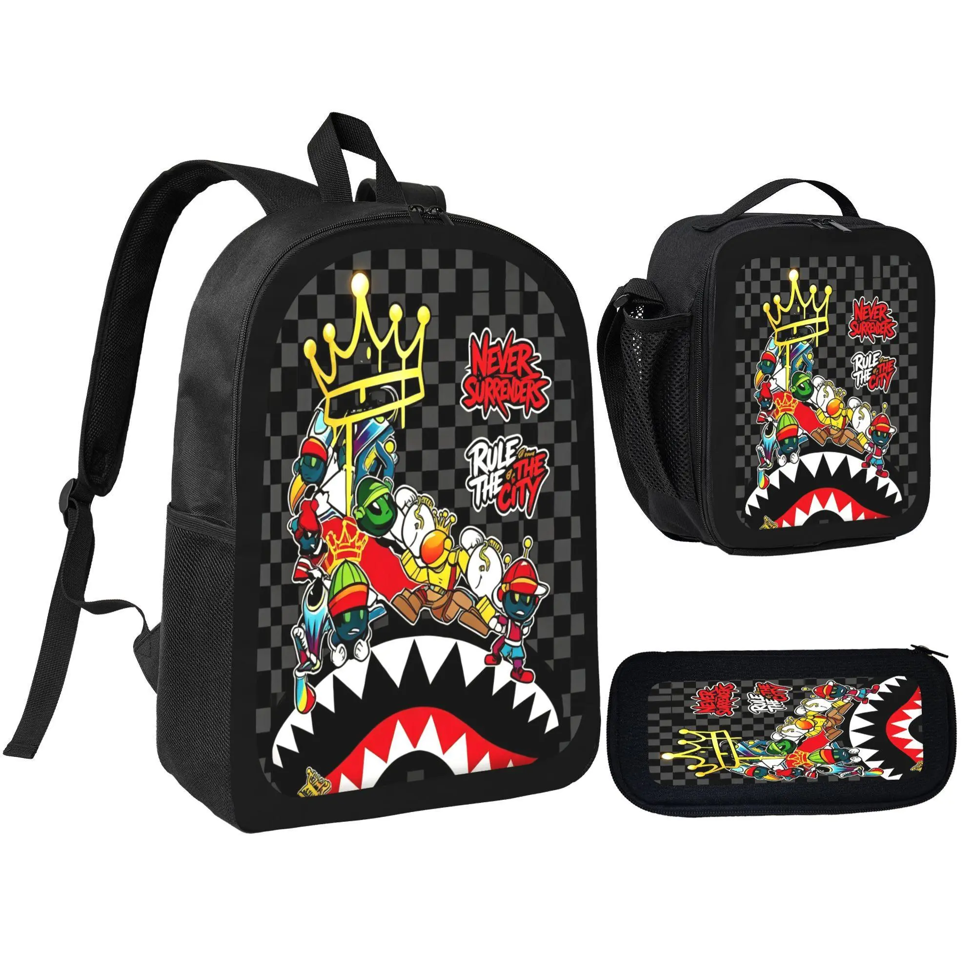 Roblox Neon Game Controller Character Print 3 in 1 Backpack Set, Polyester Large Capacity Bookbag with Lunch Bag and Pencil Case, Lightweight Portable Travel Daypack, Vibrant Video Game Themed Daily Gift