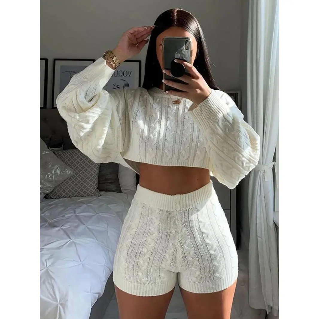 Women'S Solid Drop Shoulder Crop Sweater & High Waist Shorts Set, Fall Outfits, Soft Comfort Womenswear for Lady, Casual Fashion Cozy Knitwear for Daily Outdoor Wear, Ladies Fall Clothes Does not apply