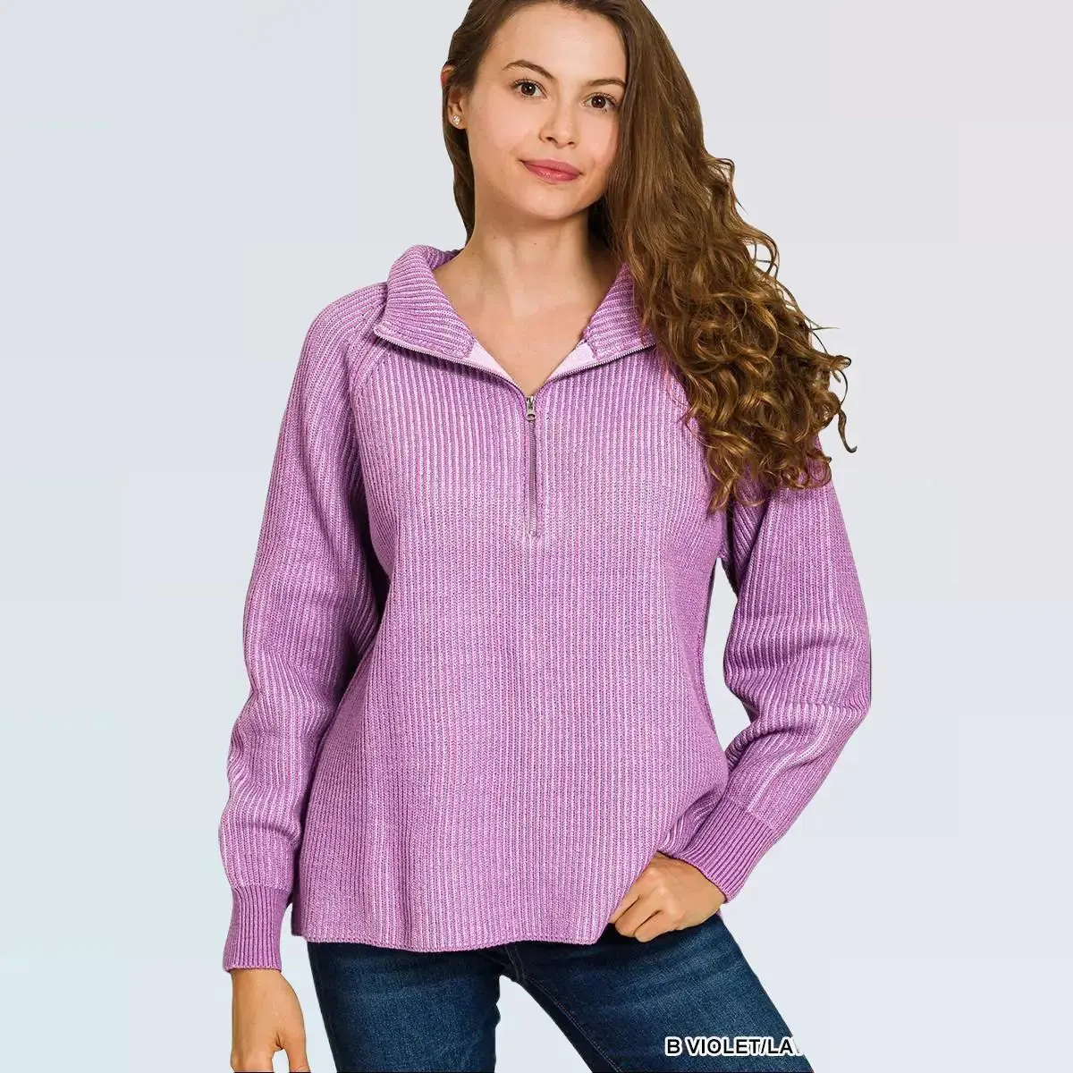 Zenana Ribbed Two Tone Half Zip Sweater Cozy Stylish Ribbed Knit with Half Zip Closure Slightly Stretchy 60% Cotton 40% Acrylic Perfect for Layering Chic Knitwear Basic Piece Green Contrast Ruffle Blouse