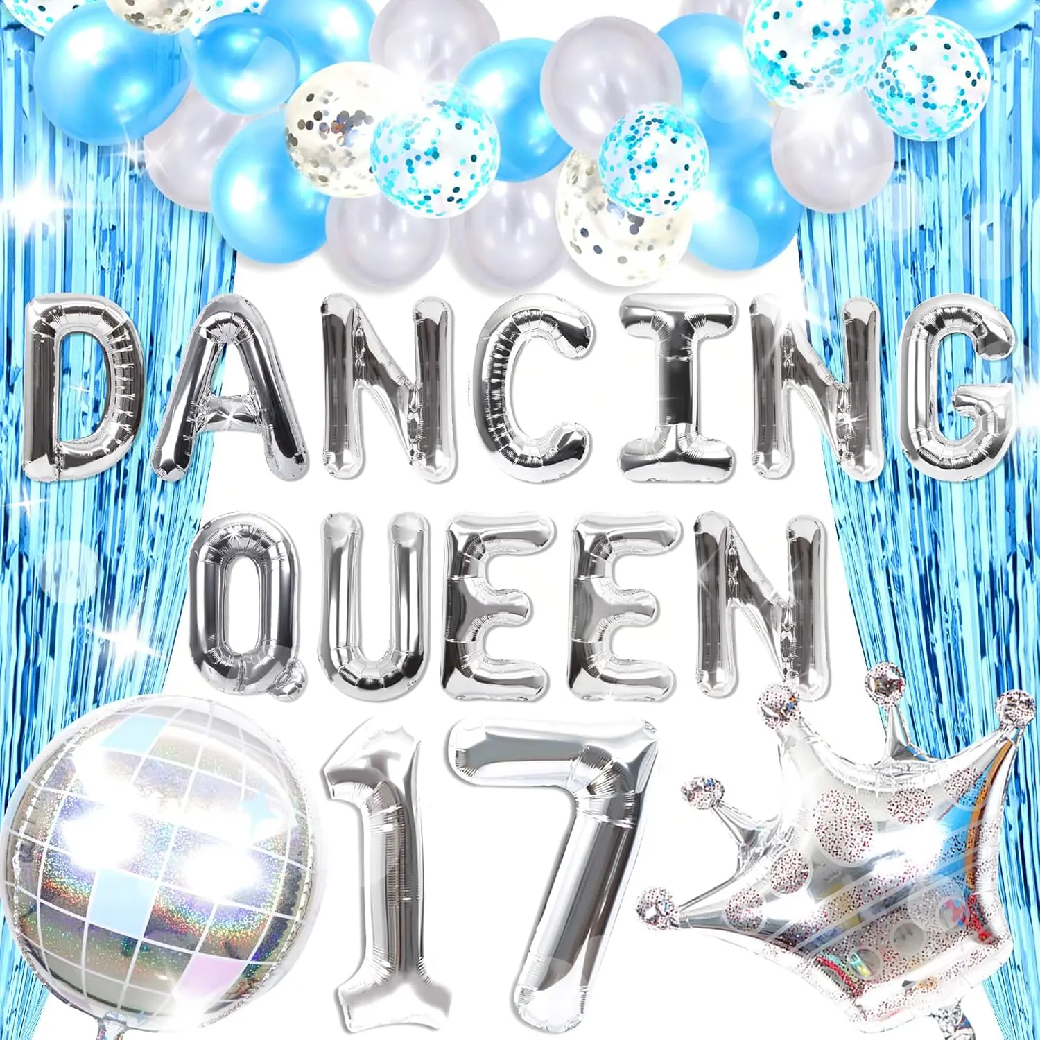 Dancing Queen 17 Balloons Mamma Mia Party Decorations Silver Blue 17th Birthday Disco Theme Party Supplies for Celebrations Kit