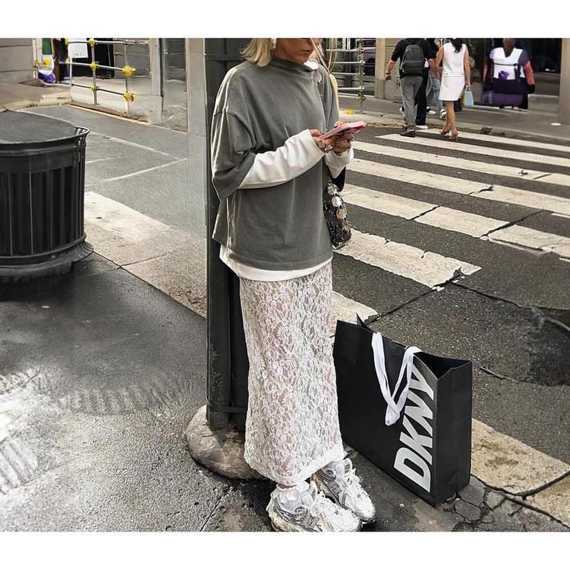 Street Fashion Jacquard Hollow Back Slit Lace Maxi Skirt for Women Big Size Elegant Chic Basic Minimalist White Summer Clothes TWomenswear Bottom