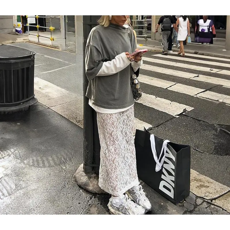 Street Fashion Jacquard Hollow Back Slit Lace Maxi Skirt for Women Big Size Elegant Chic Basic Minimalist White Summer Clothes TWomenswear Bottom