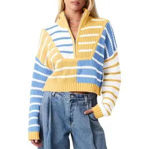 Lannew Womens Striped Cropped Sweater Color Block Zip Up Long Sleeve Mock Neck Loose Pullover Jumpers