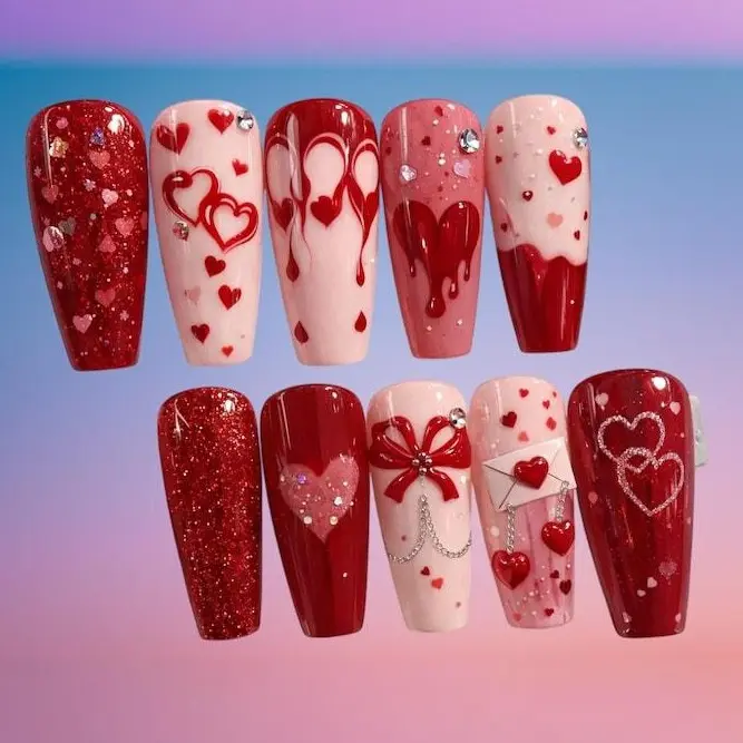 Valentine Red Pink Heart Press On Nails, Handmade Reusable Nails with Glitter Hearts, Drip Art, Bow Chain Charms and Glam Romantic Aesthetic for Date Night and Party Vibes